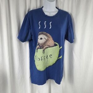 Design By Humans Shirt Mens Medium Blue Sloth Sloffee Coffee Graphic Tee Top